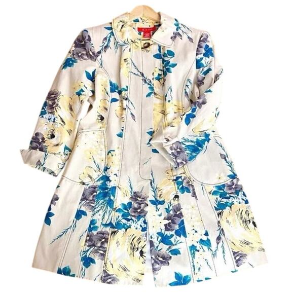 Vintage A|Line Yellow‎ Floral 100% Cotton Trench Coat Large (I-264) - Picture 1 of 9